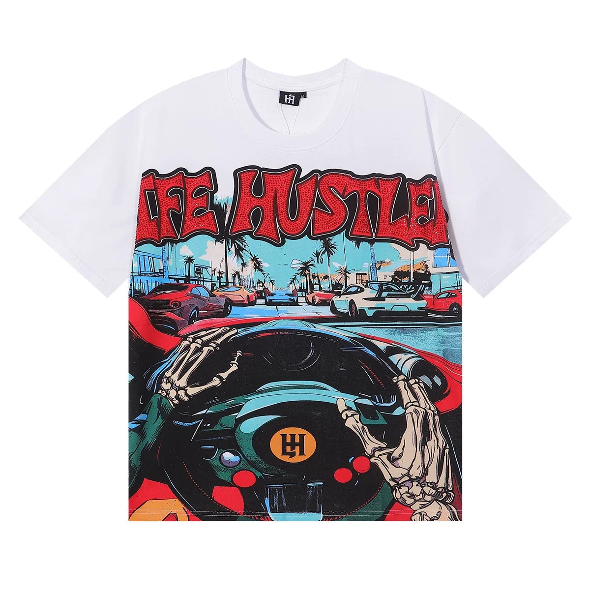 Life Hustlers Skeleton Driving Graphic Tee - White