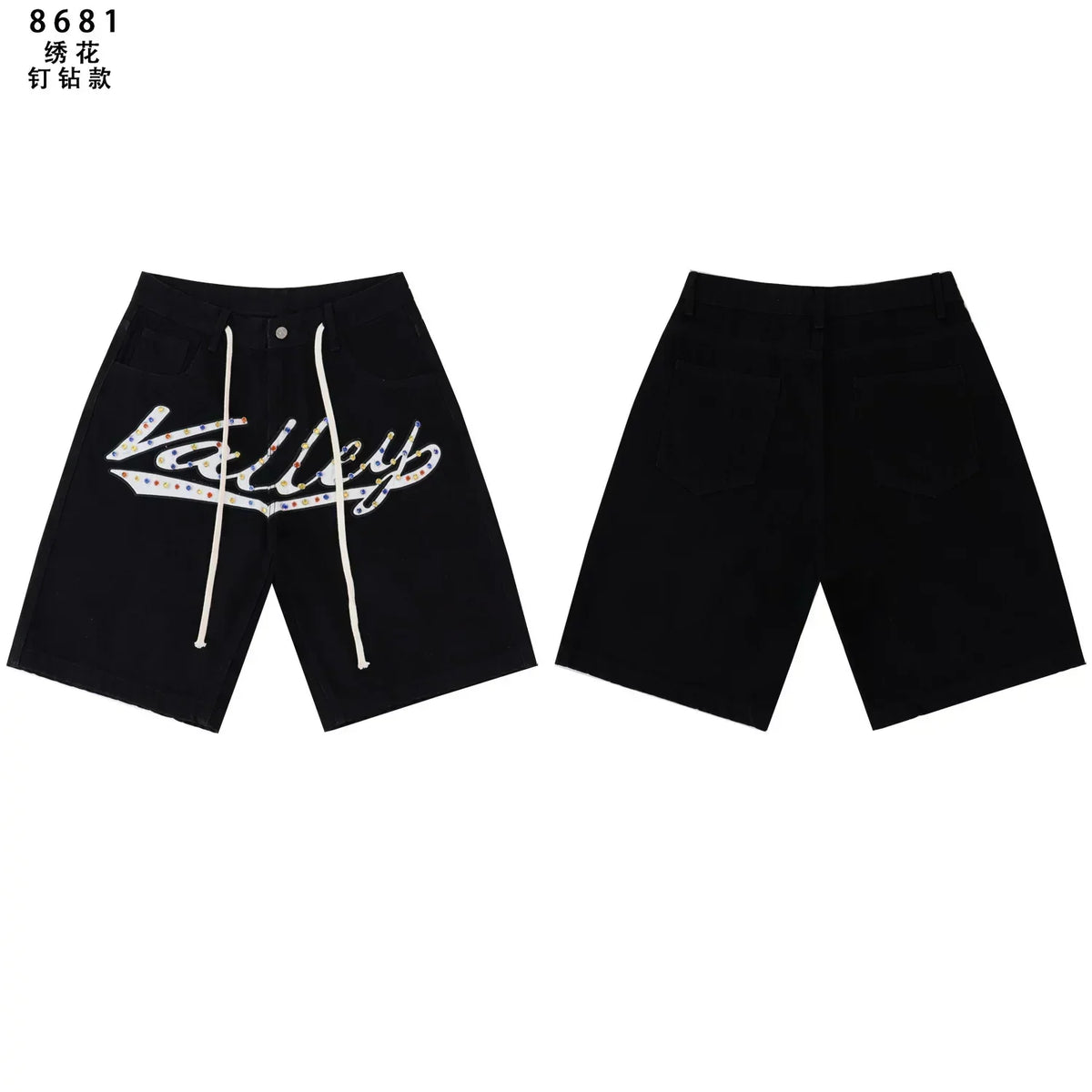 VALEFOREVER Black Denim Shorts Graffiti Rhinestone Script Logo