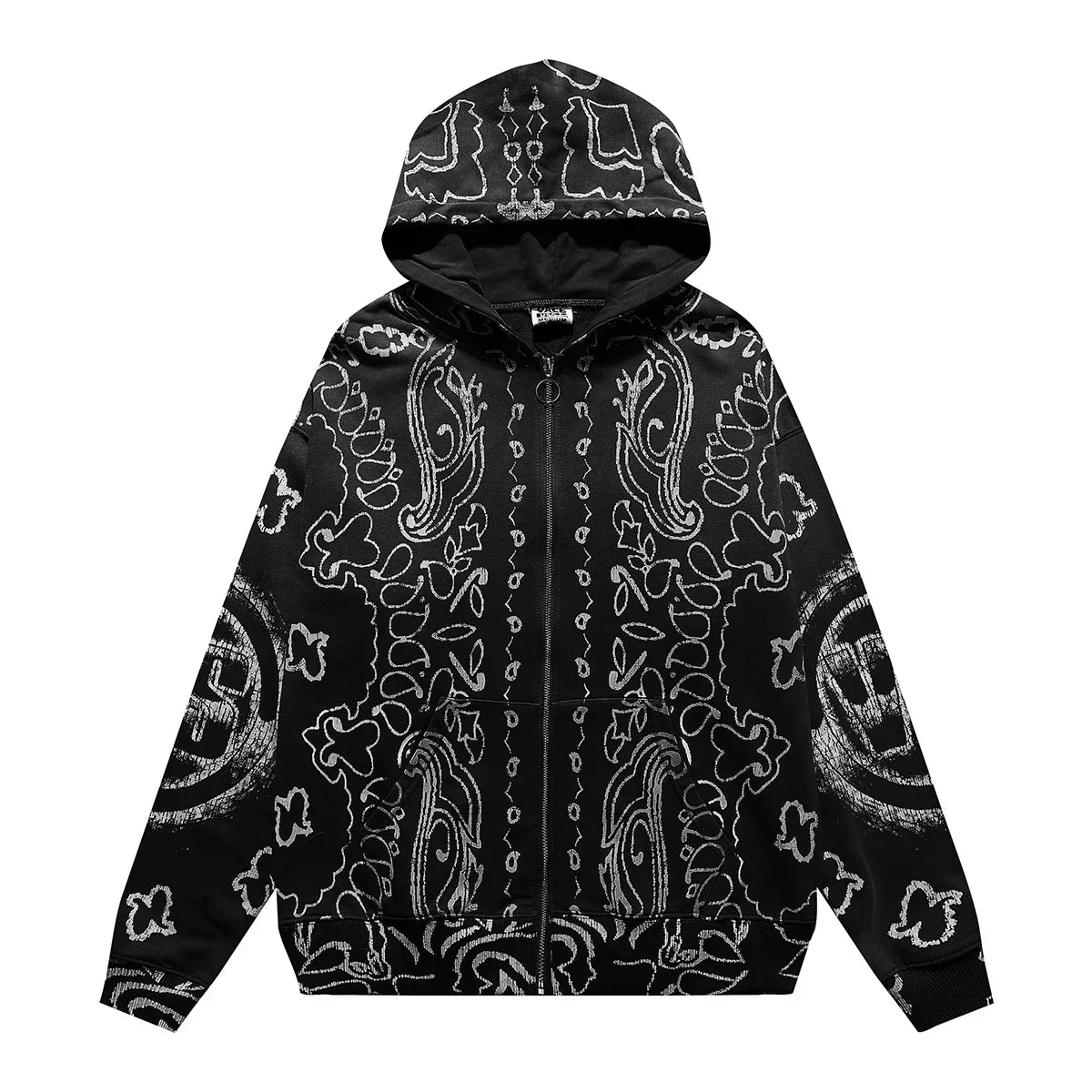 VALEFOREVER Black White Bandana Paisley Full Print Zip Hoodie