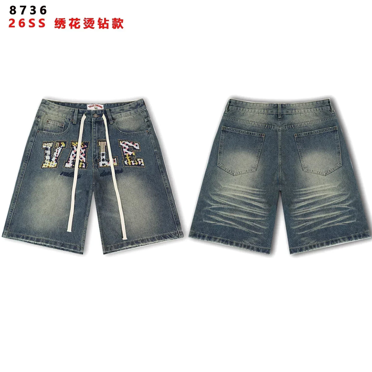 VALEFOREVER Vintage Blue Denim Shorts with Two-Tone Print