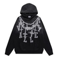 VALEFOREVER Black Chain Letter Distressed Zip Up Hoodie