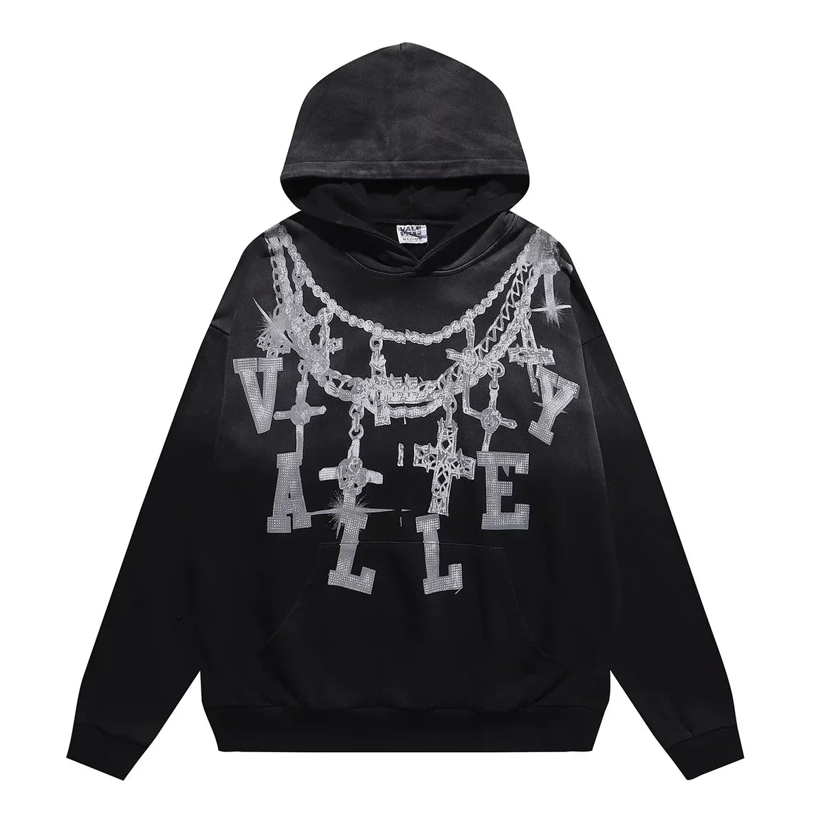 VALEFOREVER Black Chain Letter Distressed Zip Up Hoodie